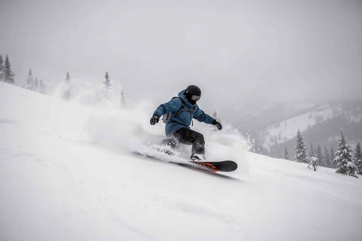 Snowboardzista jadący przez głęboki puch w pochmurny dzień w górach