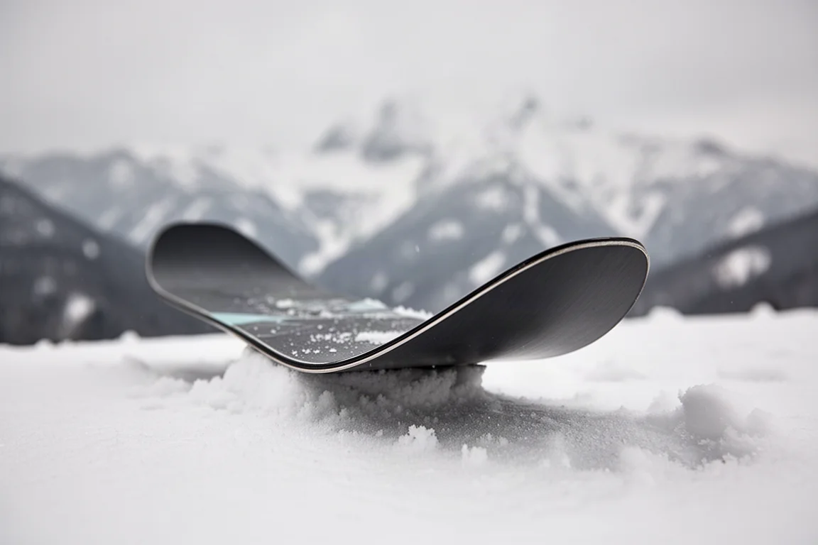 Zbliżenie na tip i tail deski snowboardowej pokazujące profil rockera na śniegu