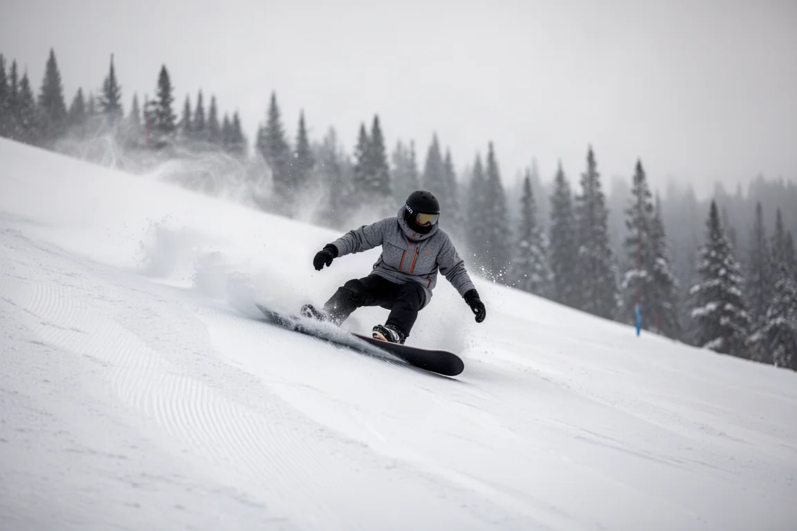 Snowboardzista czołający mocno krawędź na stromym, przygotowanym stoku