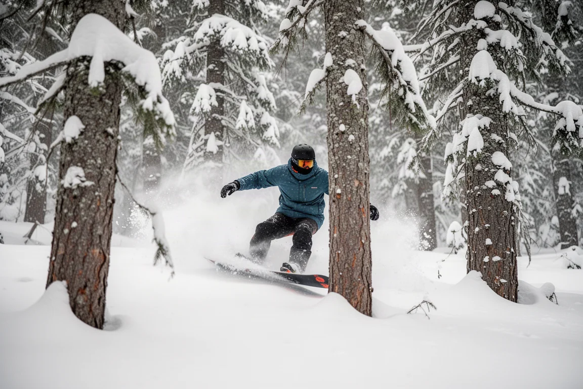 Snowboardzista wędrujący między drzewami w świeżym puchu