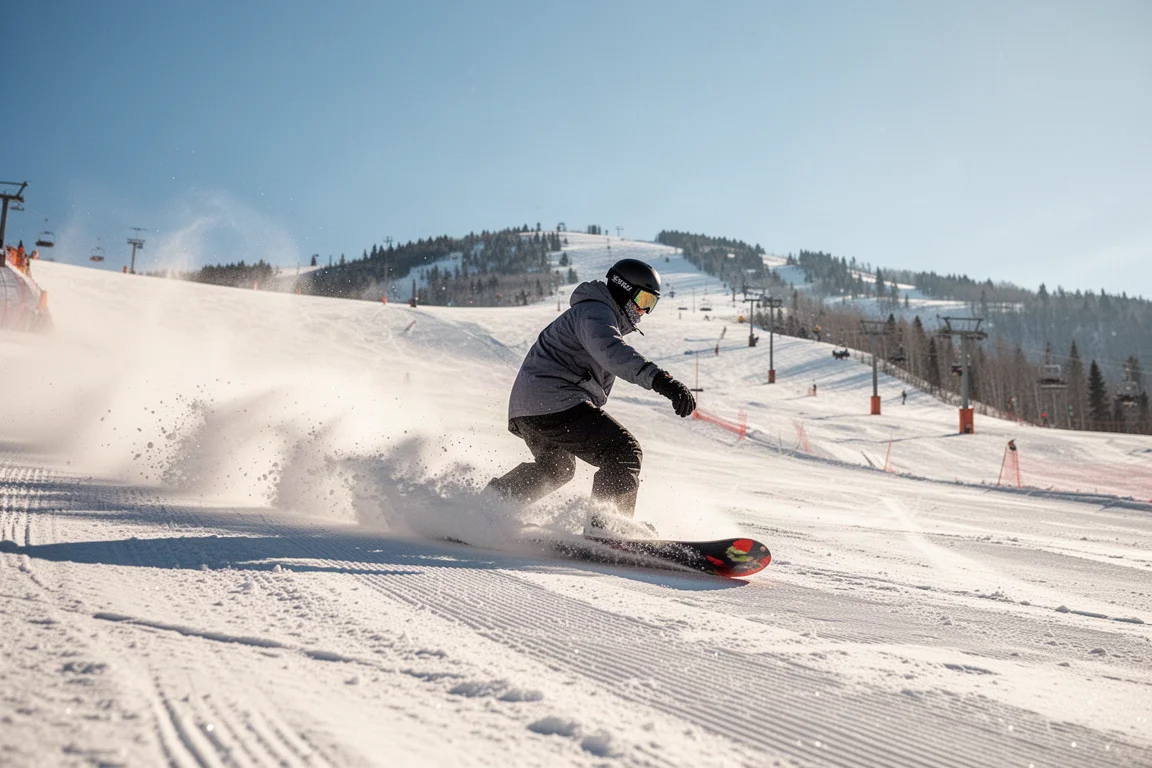 Snowboardzista jadący po miękkim wiosennym śniegu na nasłonecznionej trasie