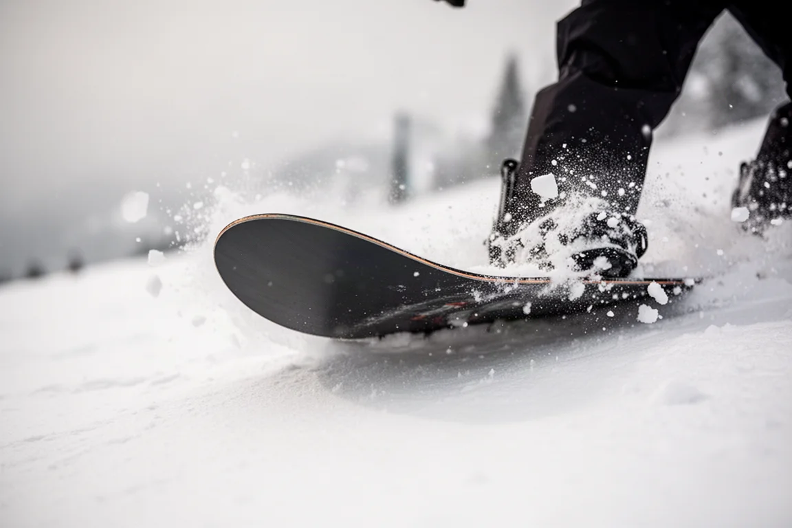 Snowboardzista robiący buttery i pressy na nosie deski
