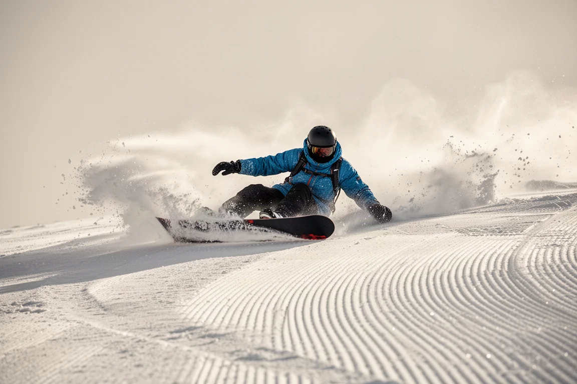 Snowboardzista wkładający głęboki carve z zaangażowaną krawędzią na trasie