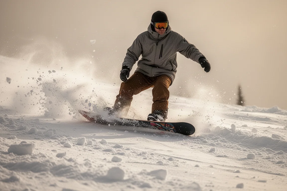 Snowboardzista przecinający miękki, rozjeżdżony śnieg poza trasą