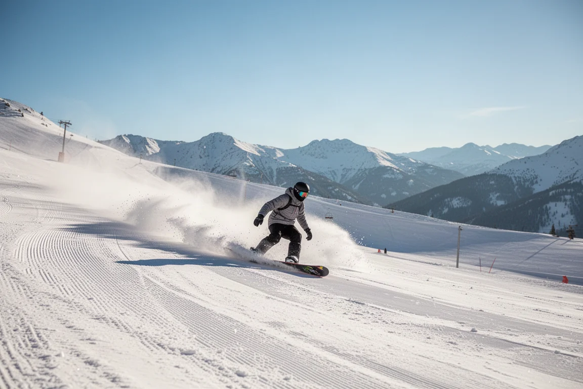 Snowboardåkare på en vidöppen preparerad backe en solig dag