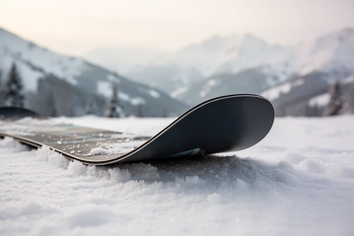 Närbild på en snowboardnos med rocker-profil pressad i snön