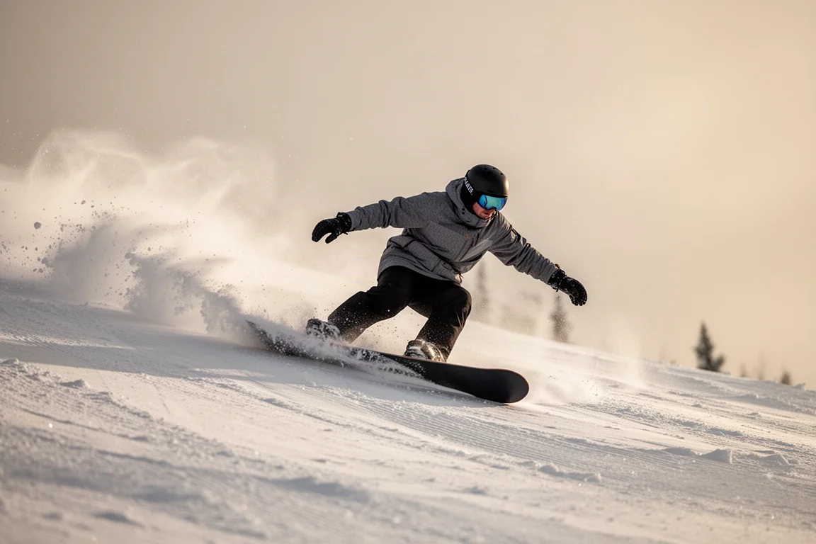 Snowboardåkare som lägger ner i en djup carving på en preparerad piste, kanten skär ett spår