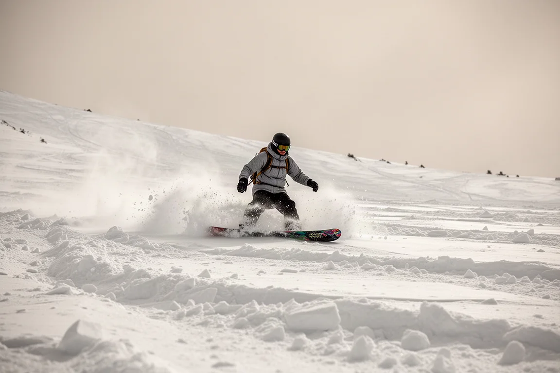 Snowboard som skär genom blöt vårsnö i en öppen dal