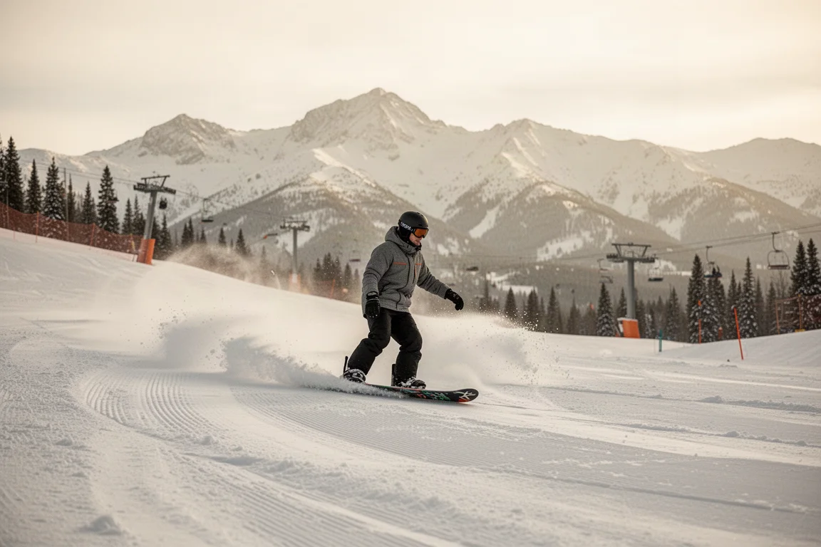 Snowboarder che crociera e traccia su neve fresca e morbida in una giornata di sole