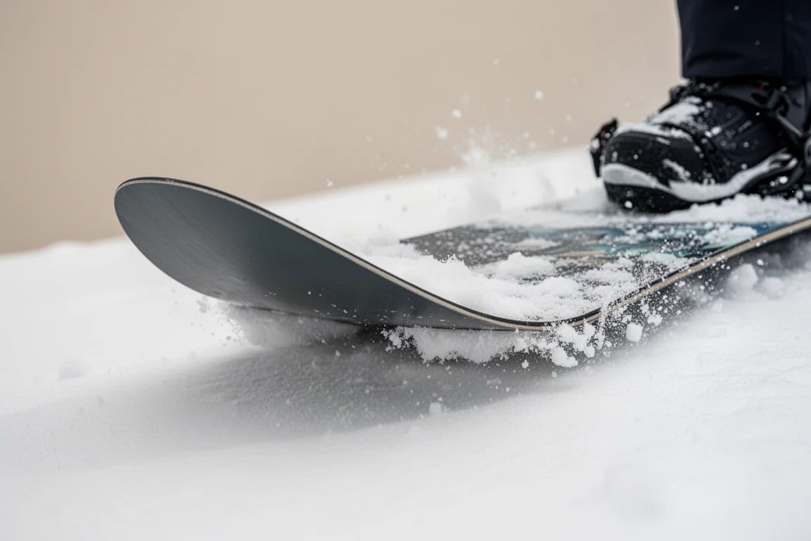 Primo piano del nose di uno snowboard premuto nella neve morbida durante un butter