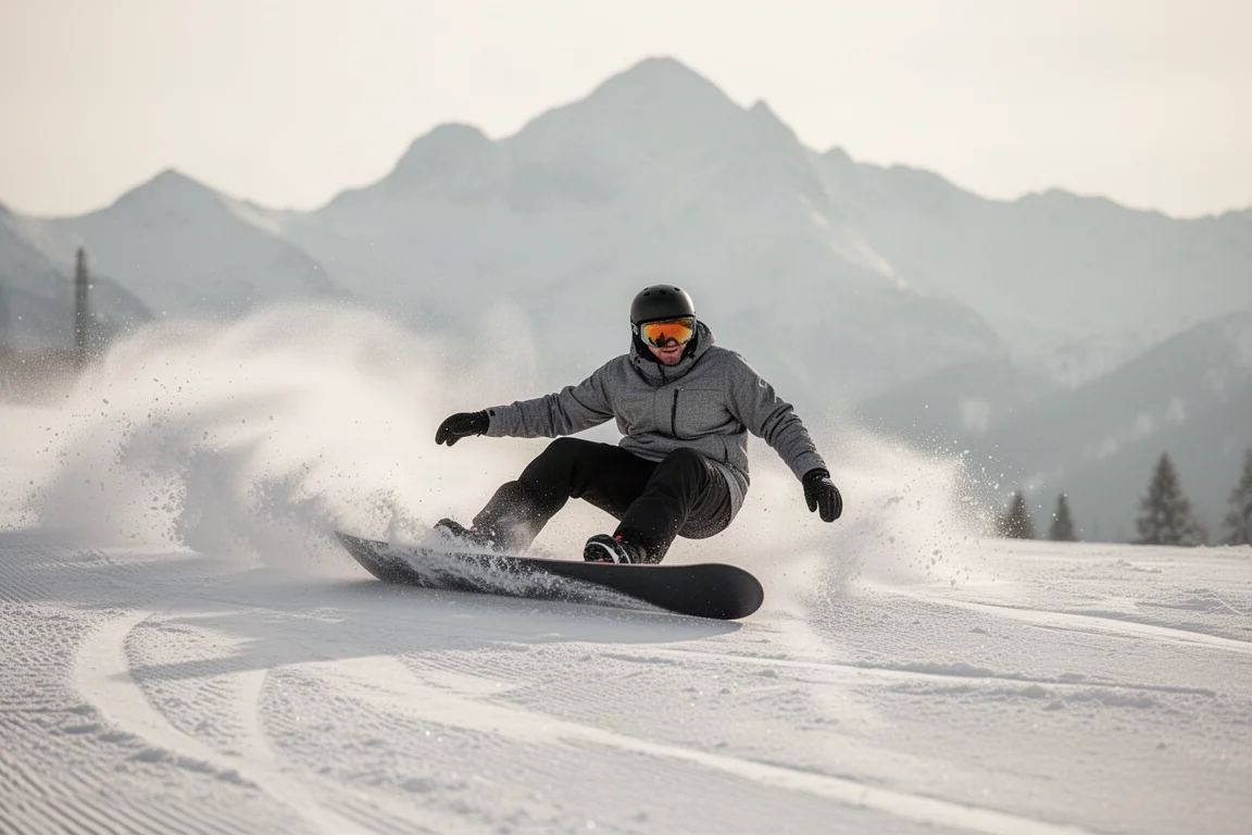 Snowboarder che esegue un euro carve fluido su una pista battuta