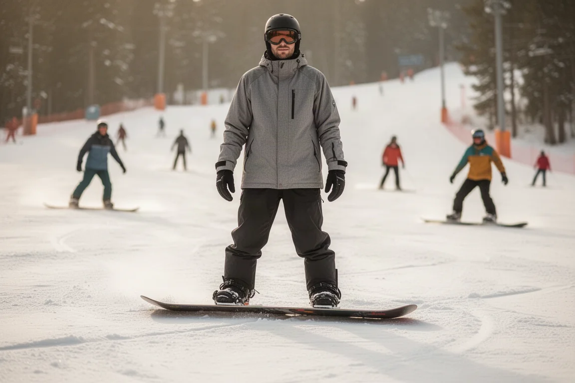 Snowboarder in crociera rilassata con la famiglia su una pista facile di un resort