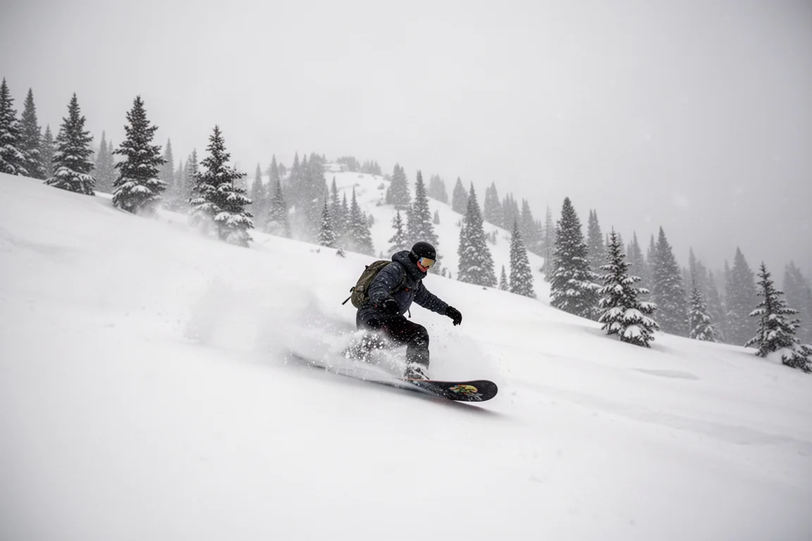 Snowboarder fährt durch weites Pulverschneegelände bei Schneefall