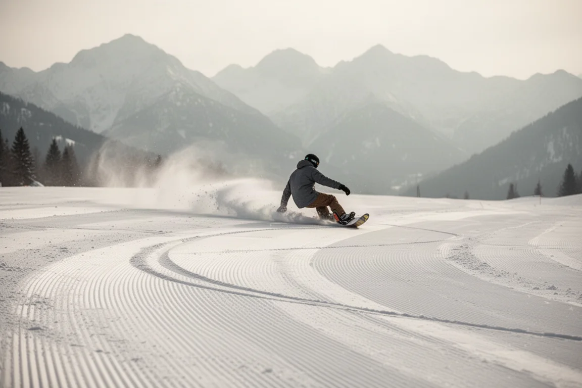 Snowboarder zieht einen weiten, sanften Carve über eine präparierte Piste