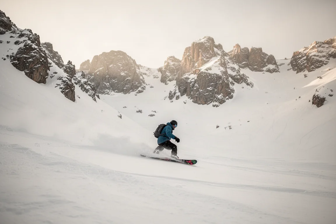 Snowboarder fährt Powderruns in weiten Hängen abseits der Bäume