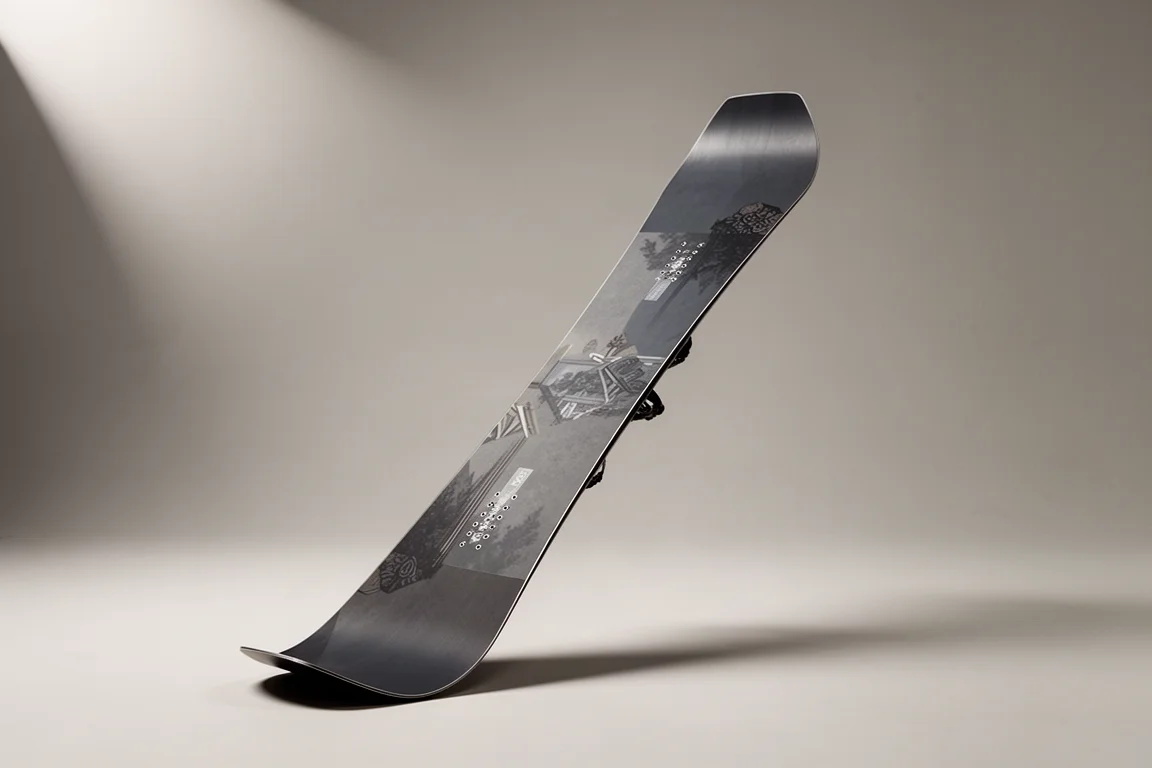 Planche de snowboard directionnelle Stranda Cheater dressée verticalement sur un fond gris