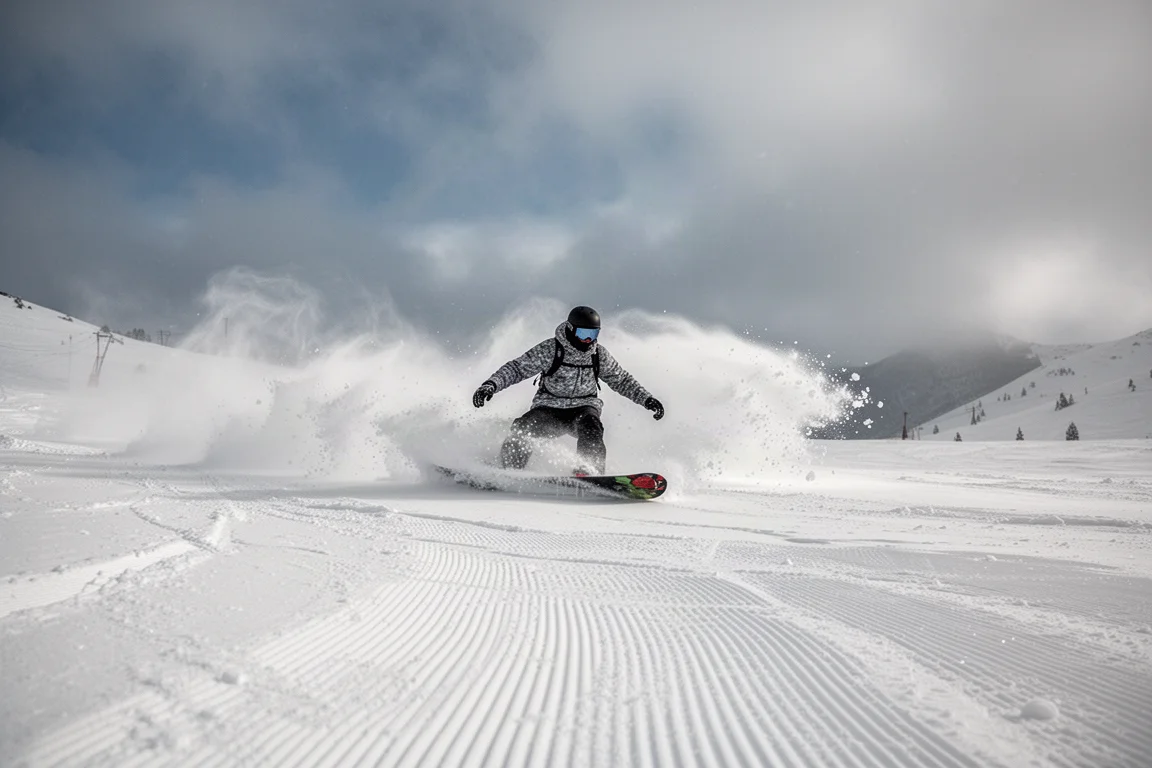 Snowboarder trazando curvas sobre nieve fresca en la ladera de una montaña