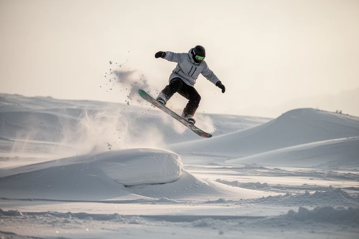 El tail de una tabla de nieve despegando de un pequeño montículo de nieve polvo