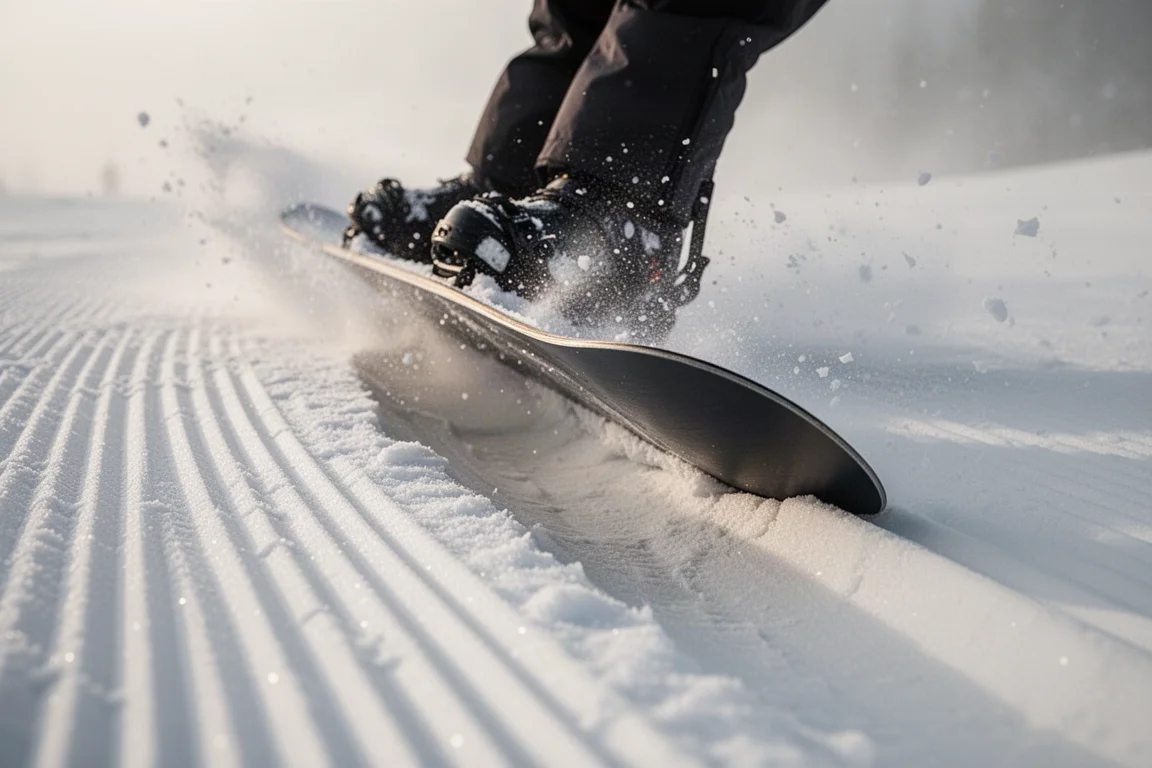 Primer plano del canto de una tabla de nieve cortando la nieve pisada