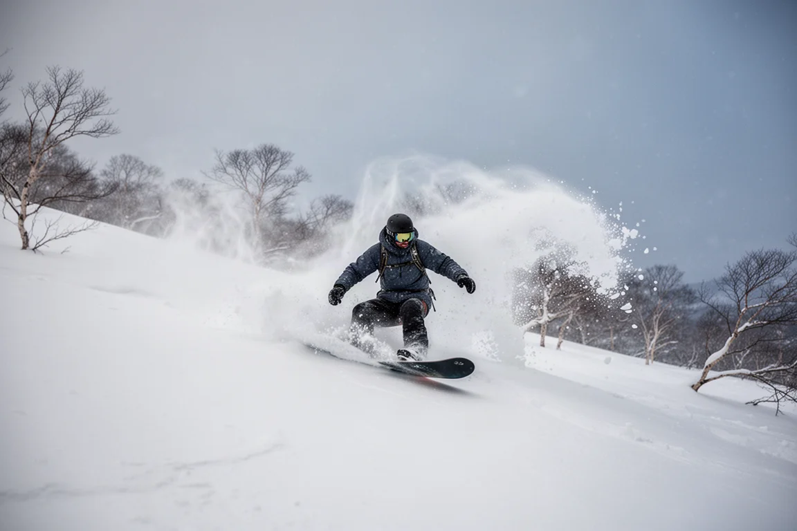 Snowboarder abriendo surcos en la nieve polvo en una sección más empinada de la montaña