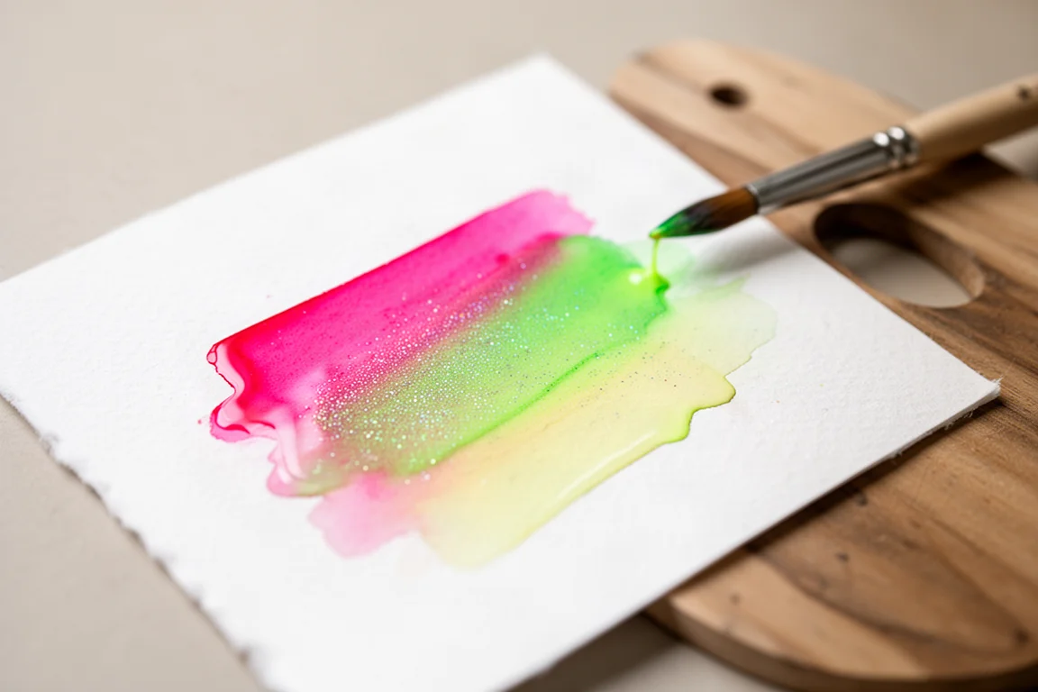 Godetta di acquerello iridescente fatto a mano che vira dal rosa al verde su una palette