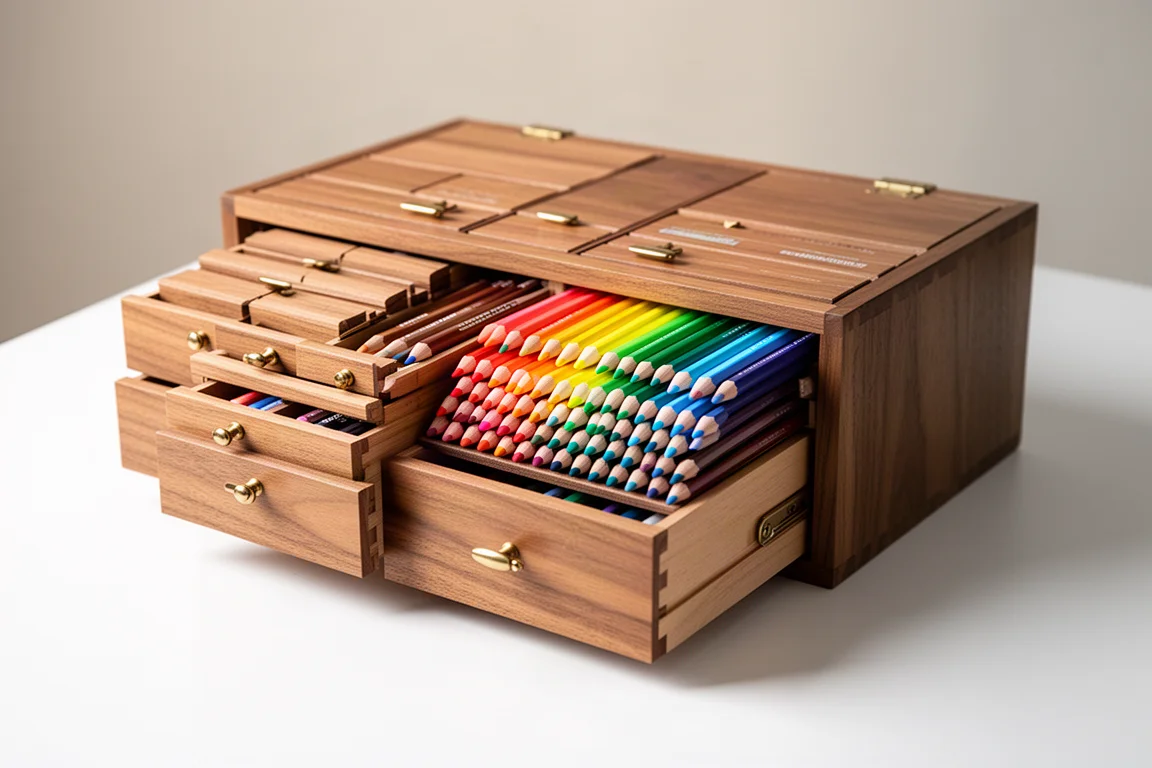 Grande custodia in legno con tanti cassetti pieni di matite colorate disposte con ordine