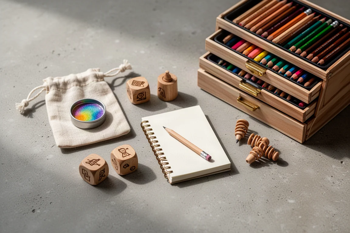 Composizione flat-lay di forniture artistiche fatte a mano: godetta di acquerello, dadi, mini quaderno da schizzo, cappucci per matite e portamatite