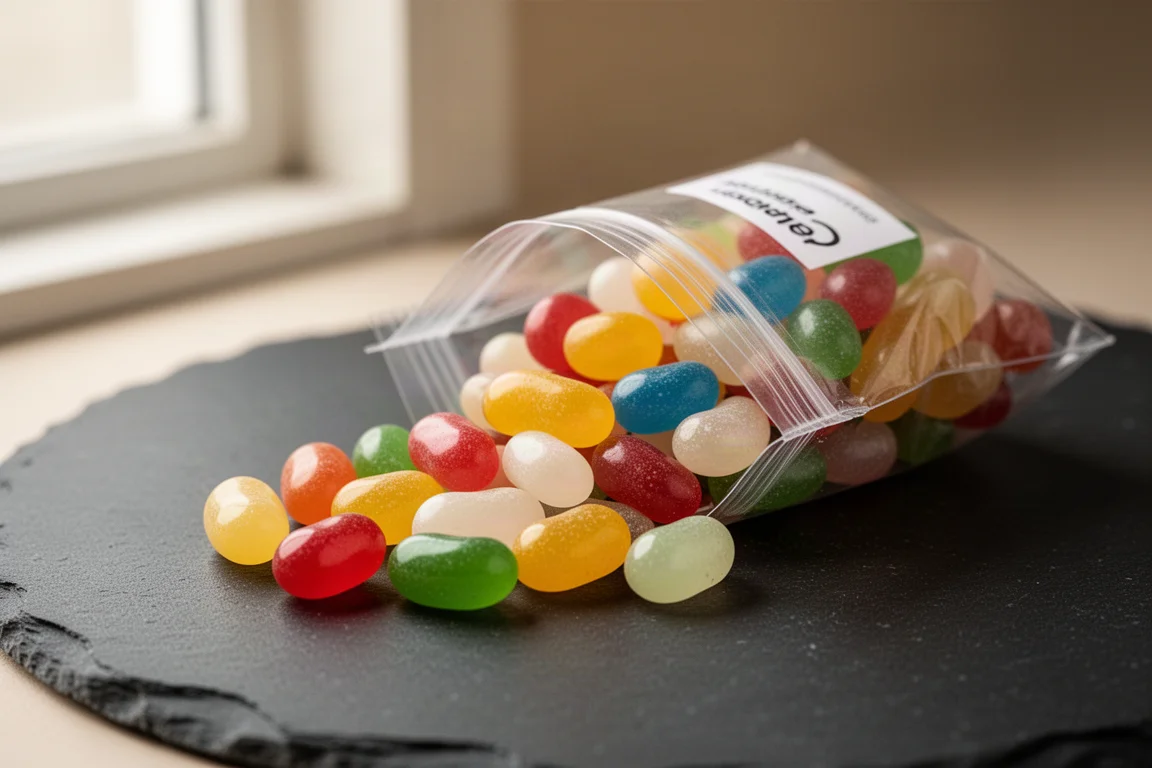 Colorful jelly beans spilling from a bag onto a dark surface