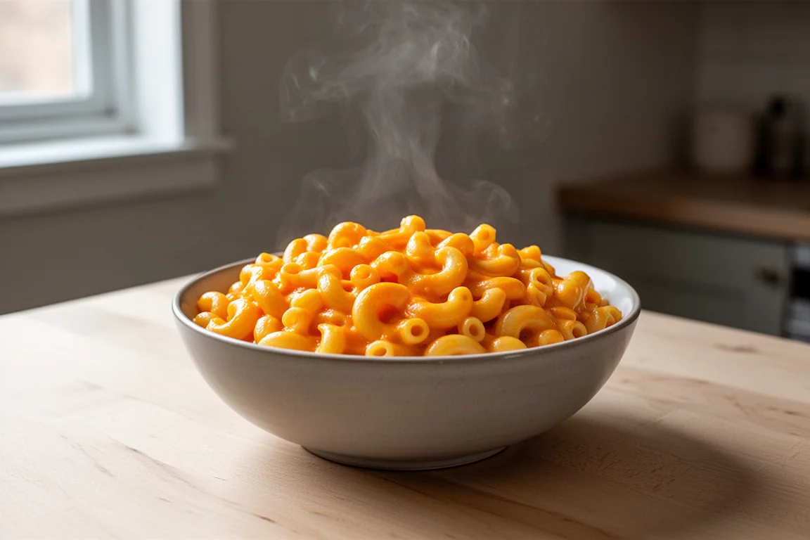 Bright orange mac and cheese served in a bowl on a kitchen counter