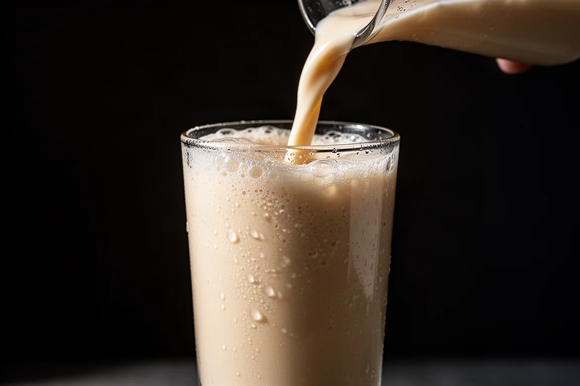 Creamy pale soda poured into a glass against a dark backdrop