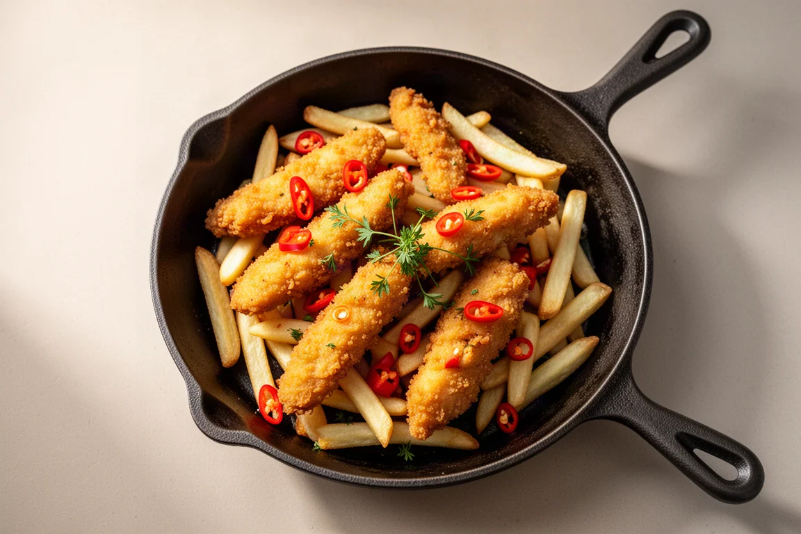 Crispy chicken strips tossed with fries and chopped chillies in a pan