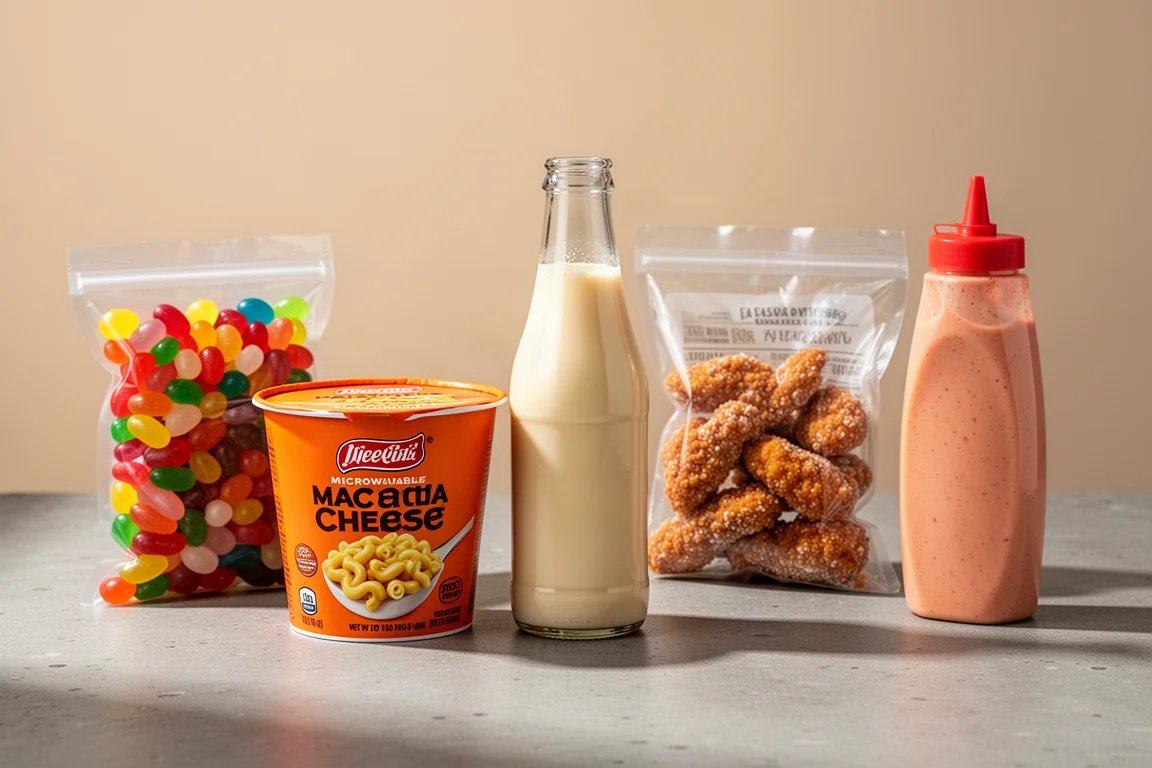 Five novelty food products including jelly beans, mac and cheese, soda, chicken strips and sauce lined up on concrete