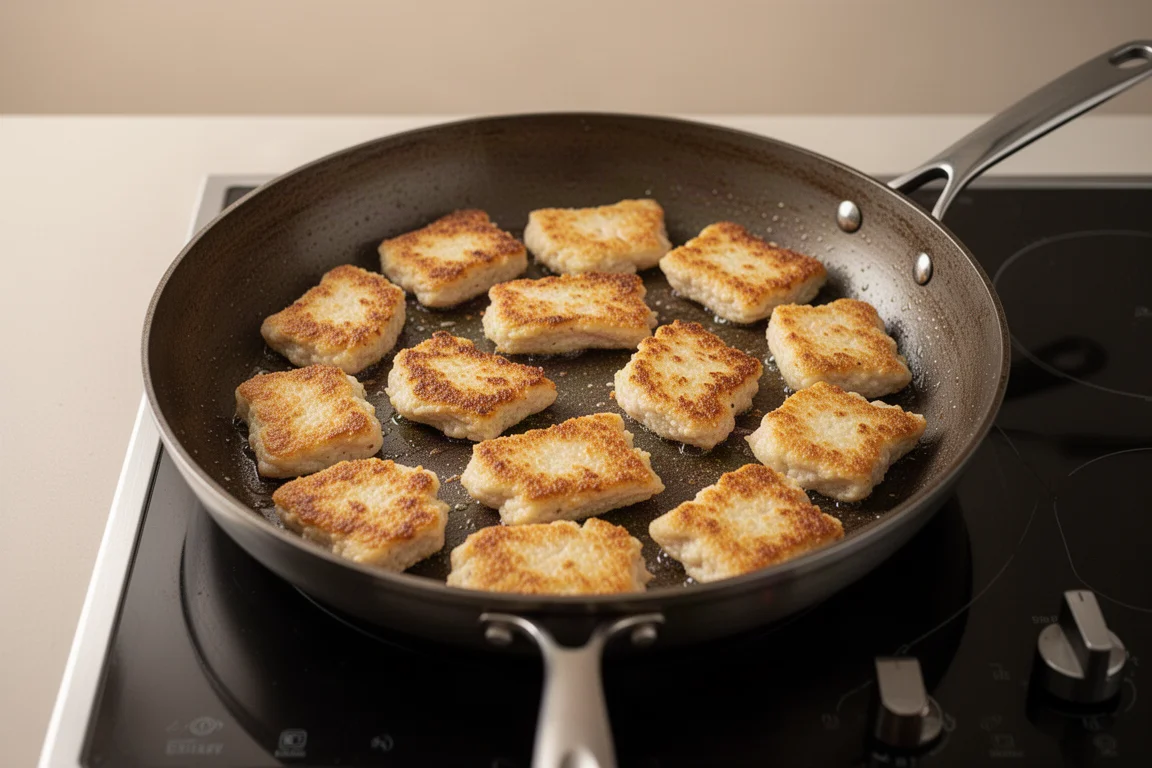 Poêle chauffant sur une cuisinière avec des aliments qui cuisent uniformément sur toute la surface