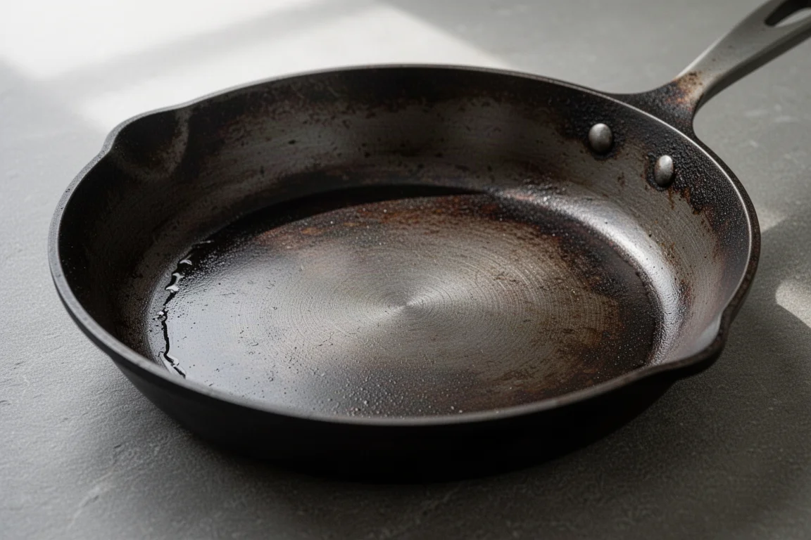 Surface d'une poêle en acier au carbone culottée après cuisson au four, avec un fini sombre et lisse