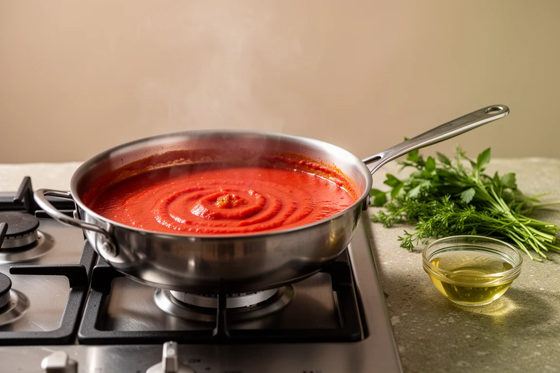 Sauce tomate mijotant dans une poêle à côté d'ingrédients frais sur un plan de travail