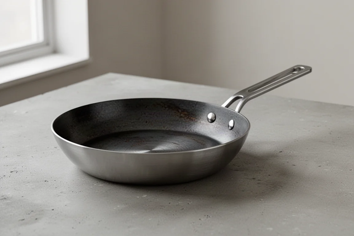 Strata 12.5-inch fry pan with stainless exterior and carbon steel cooking surface on concrete