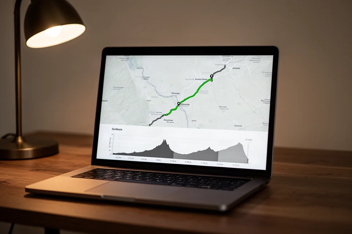 Zbliżenie na mapę planowania trasy na ekranie laptopa w przyciemnionym pokoju