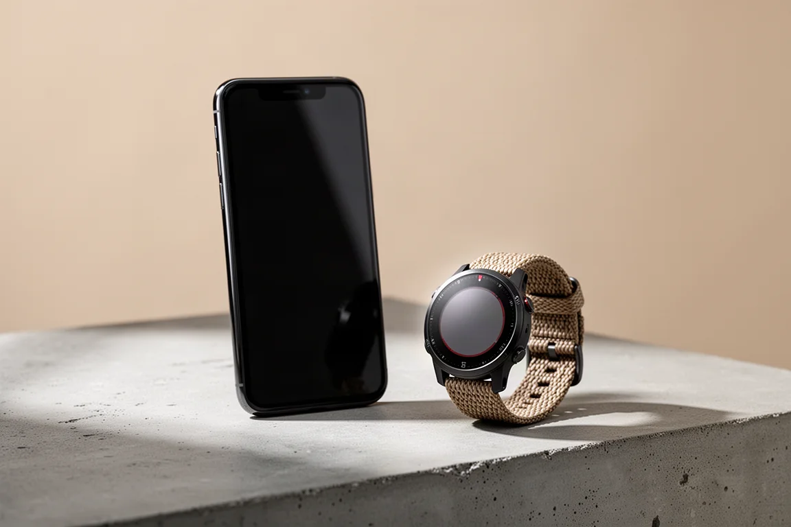 Smartphone and GPS running watch on a concrete surface