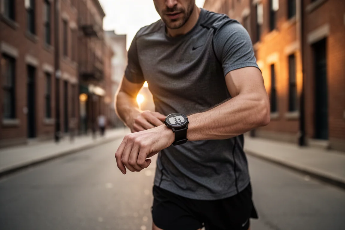 Runner checking a GPS watch on a city street in soft morning light