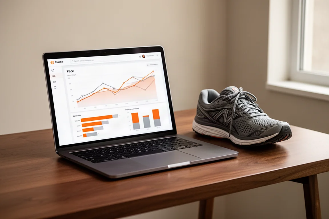 Athlete reviewing race split data on a laptop at a desk