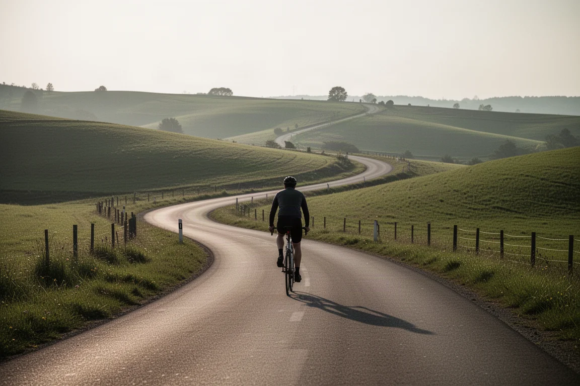 Cyclist riding along a winding rural road surrounded by green hills