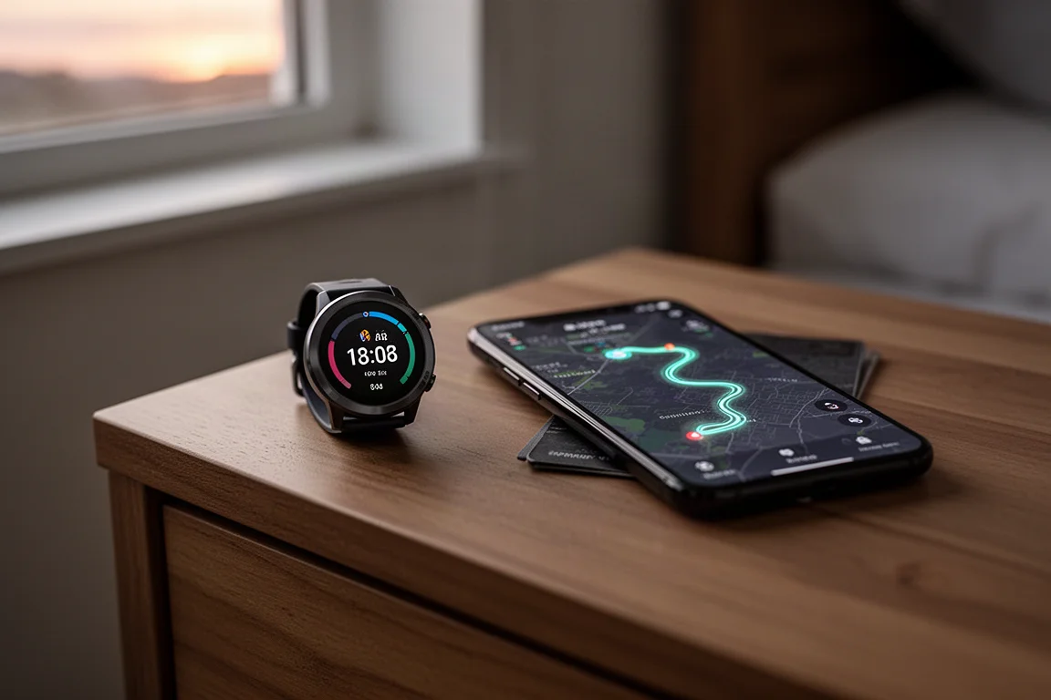 Smartwatch on a nightstand beside a phone showing an abstract activity map