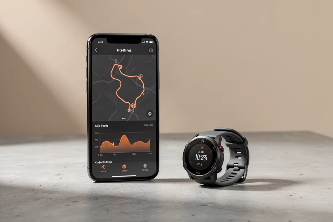 Smartphone and GPS sports watch on a concrete surface showing abstract fitness app graphics
