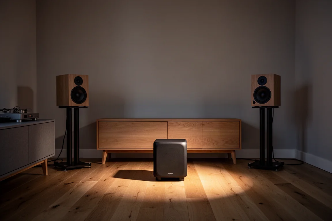 Lyssningsrum på kvällen med små högtalare och en subwoofer på ett trägolv