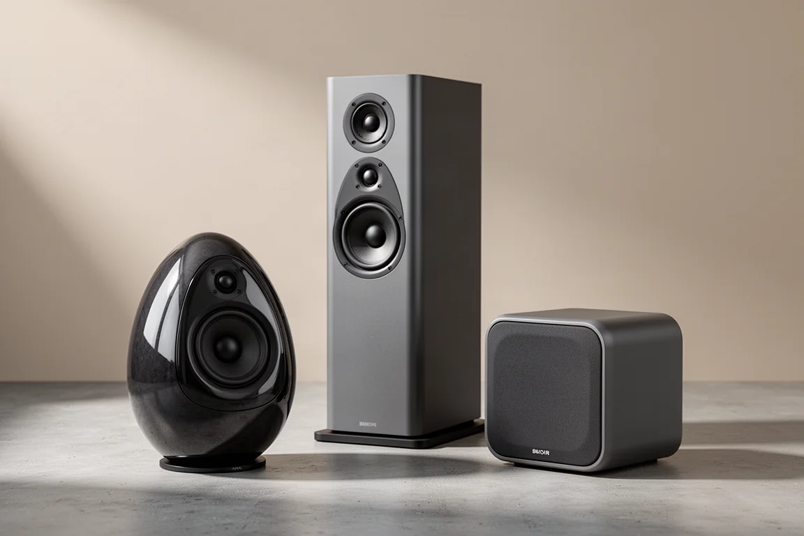 Egg-shaped standmount speaker, slim floorstanding speaker and compact subwoofer on a concrete surface