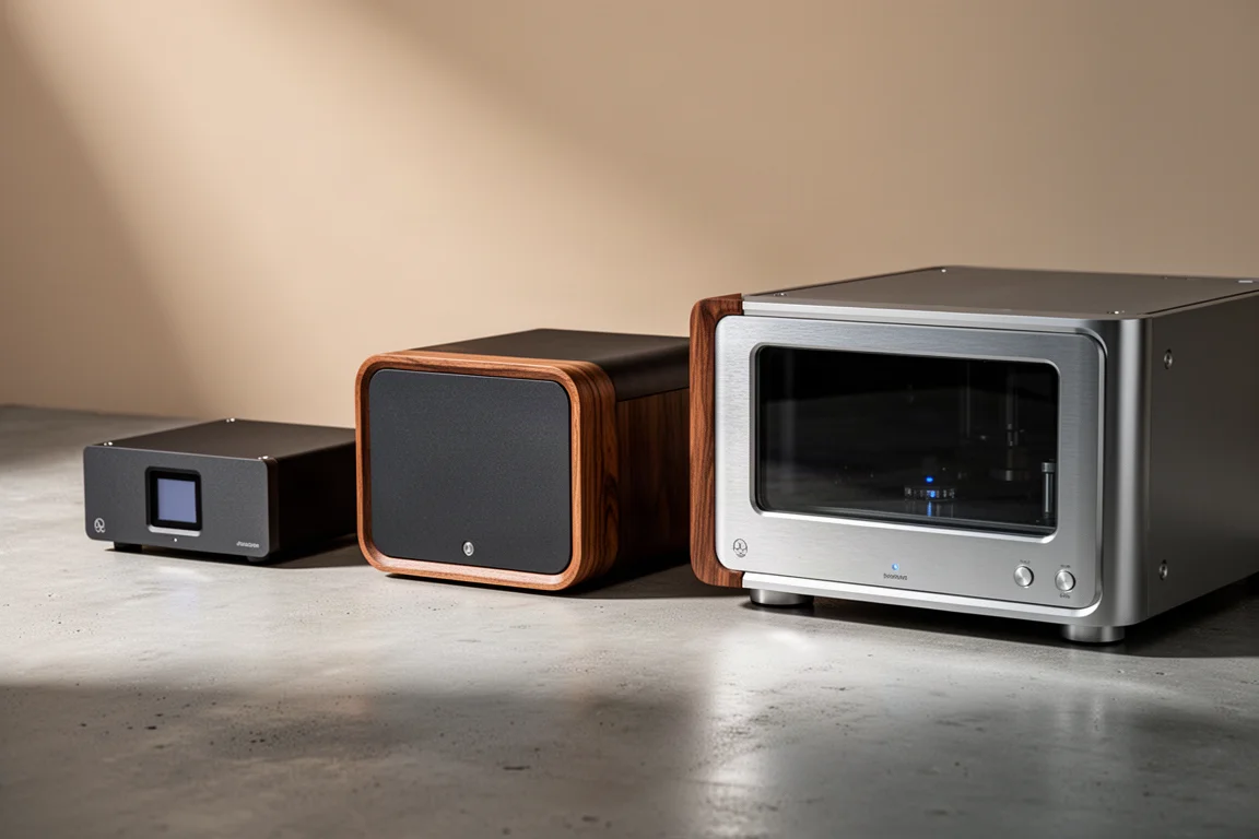 Three streaming amplifiers with screens arranged on a concrete surface