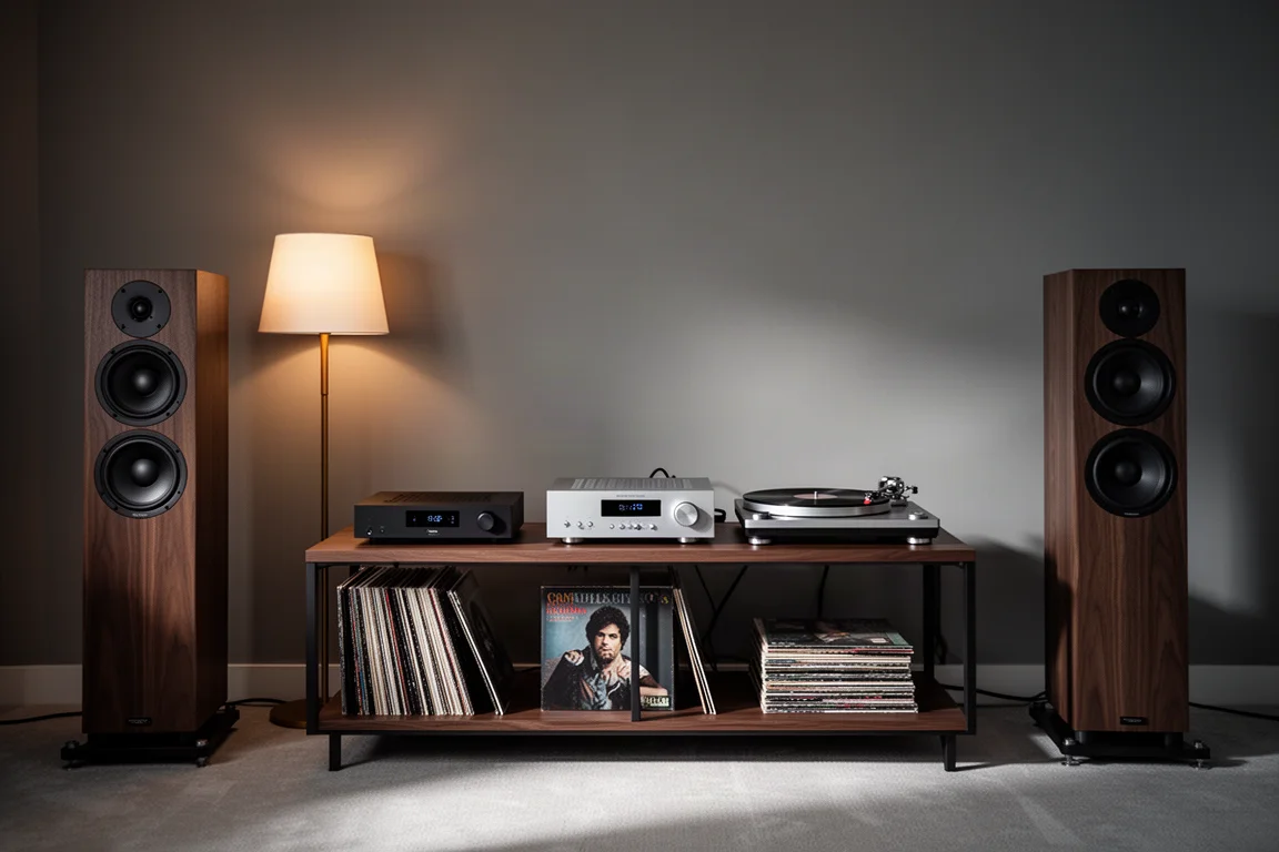 Dämpat lyssningsrum med hi-fi-rack, golvhögtalare och vinylskivor