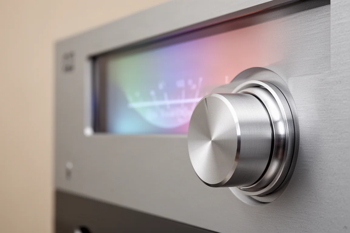 Närbild på en fräst aluminiumvolymratt på en hi-fi-front med lysande display