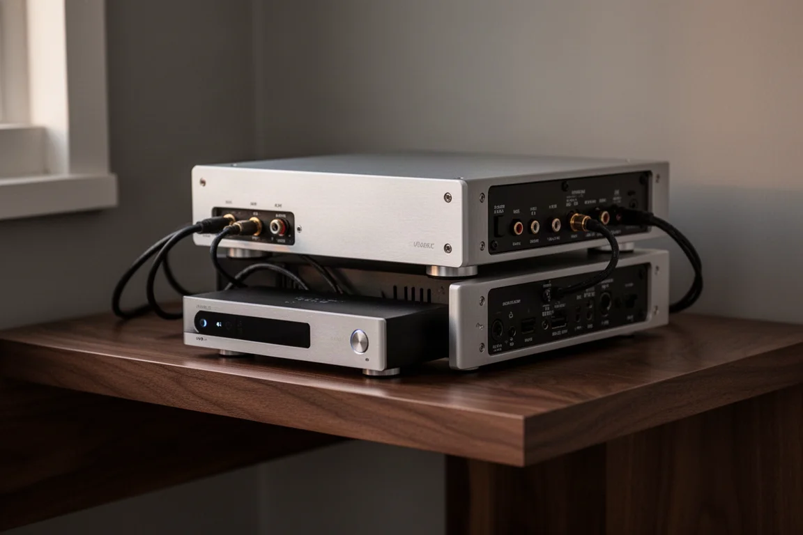 Hi-fi-stack i två lådor med streamer och DAC på en valnötshylla i varmt ljus