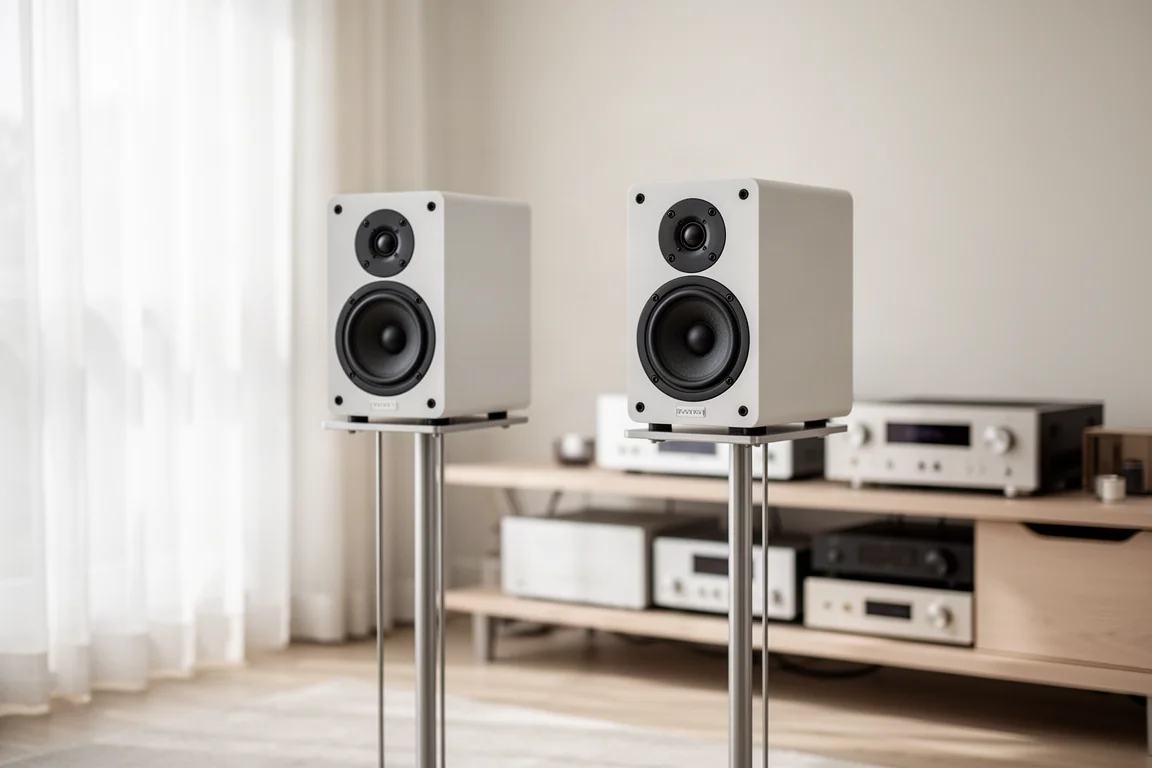 Kompakta stativhögtalare i ett ljust vardagsrum med hi-fi-elektronik bakom